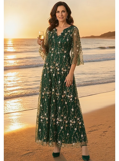 bohemian mother of the bride dresses for beach wedding A-Line Dress Ankle Length Dress 3/4 Length Sleeve Crew Neck V Neck Elegant Vintage Simple Formal Wedding Guest Lace with Embroidery Appliques 2026 Sleeves:Without Detachable Sleeves flare silhouette size-xxxxl8yrs Ladivine 7496C Formal Plus-Size