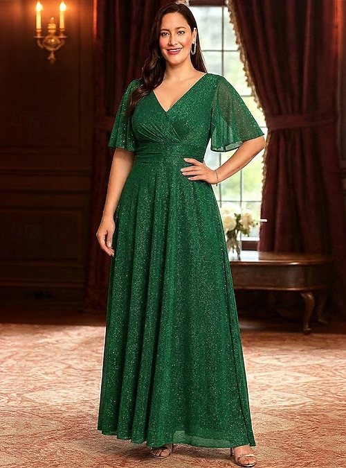plus size ankle length formal dresses A-Line Wedding Guest Dress Evening Gown Mother of the Bride Dress Half Sleeve V Neck Sparkle & Shine with Solid Appliqué Bodice Starpless Hand Block Print Cotton Size:XS（old）
