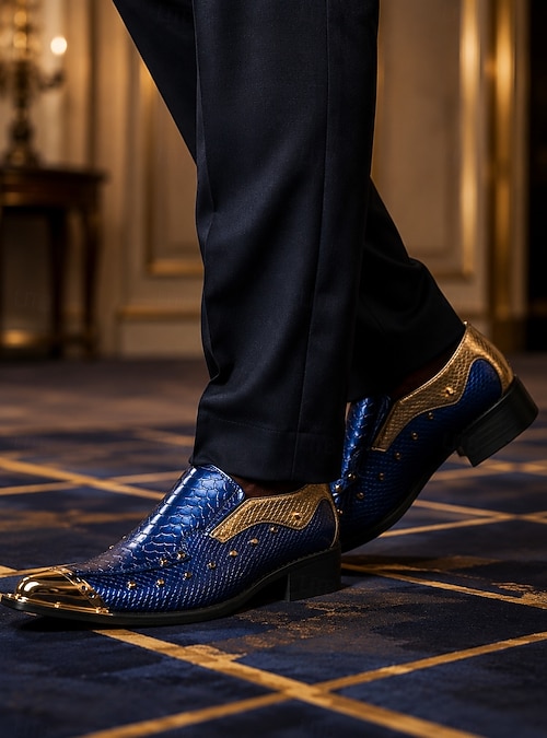 blue and gold mens dress shoes Men's Statement - Croc-Embossed Pointed-Toe Formal Footwear - Fashion Gentleman Shoes for Parties, Banquets, Weddings Evening Events 2026 ivorycreamy