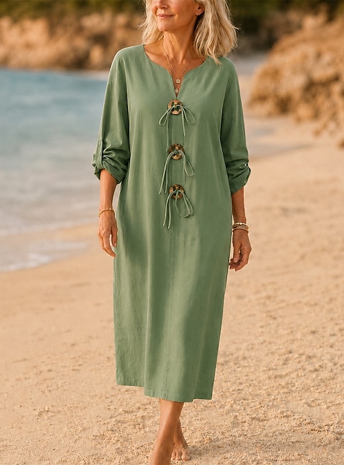 neon green beach dress Women's Midi Dress Elegant Vacation Fashion Daily Outdoor Beach Loose Fit Plain Short Sleeve V Neck Black Yellow Army Green Spring 2026 Formal dresses