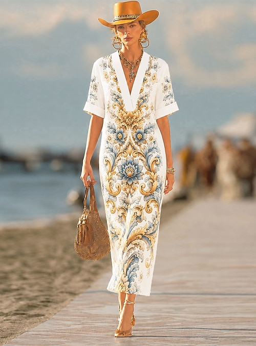 short sleeve maxi dress work Uocefik Women Short Sleeve Linen Cotton Shift Dress Work V Neck Flowy Maxi Long Dress Trendy Casual 3/4 Sleeve Dresses Modest Fall Vacation Beach