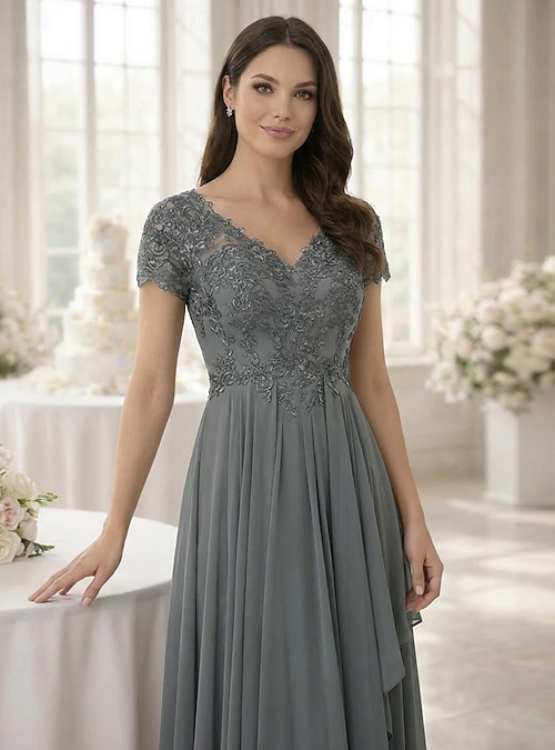 short grey mother of the bride dresses A-Line Floor Length Wedding Guest Dress Formal Dresses Evening Gown Mother  of the Bride Dress Short Sleeve V Neck Elegant Simple Wedding Guest Formal  Evening Wedding Party Chiffon with Solid Color 2026 -
