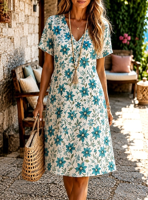 a line shirt dress knee length Women's Knee Length Dress T Shirt Dress Tee Dress A Line Dress Vacation  Casual Boho Beach Regular Fit Floral Graphic Short Sleeve V Neck Blue Red  Khaki Summer Spring 2026