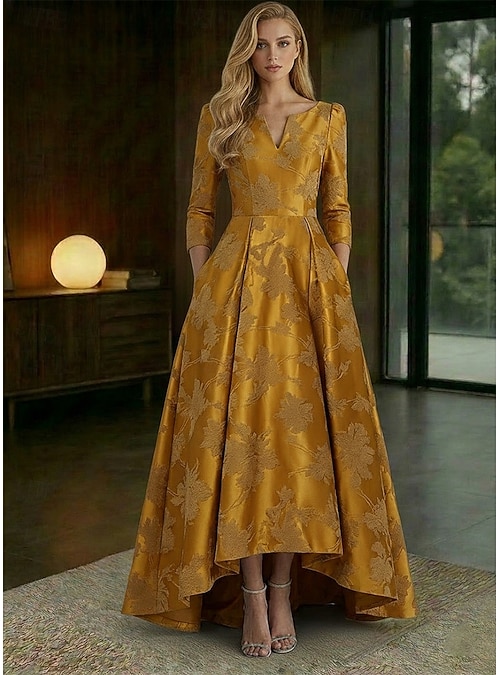 high low formal dresses with pockets A-Line Asymmetrical Ankle Length Dress Cocktail Evening Gown Dress Elegant Vintage 3/4 Length Sleeve V Neck Wedding Formal Satin Jacquard Pleats Pocket 2026 formal elegant high low dresses
