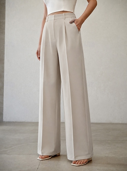 winter white women's dress slacks Wide Leg Pants Elegant Work Full Length High Waist Light Gray Black Apricot Spring Fall 2026 friendly fabric fabric-check Bridesmaid Dresses Vancouver | Size:2X-Small