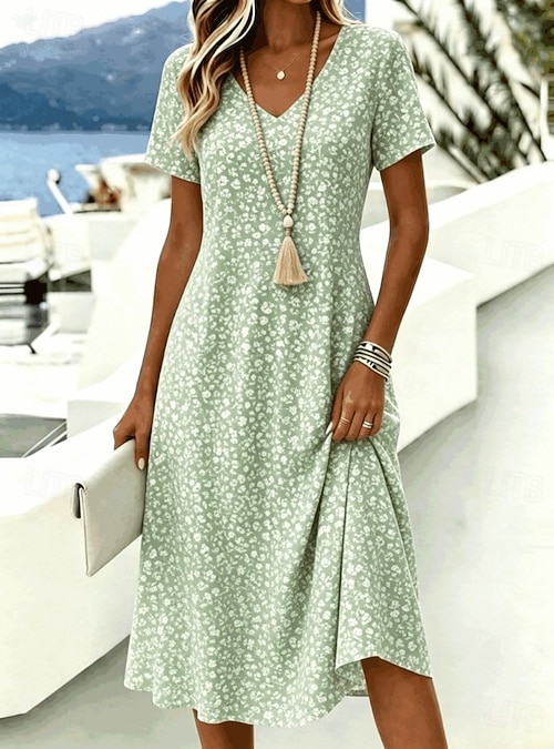 light green easter dress Easter Women's Midi Dress T Shirt Dress Tee Dress A Line Dress Vacation  Casual Boho Beach Regular Fit Floral Graphic Short Sleeve V Neck Light Green  Pink Sky Blue Light Purple Summer