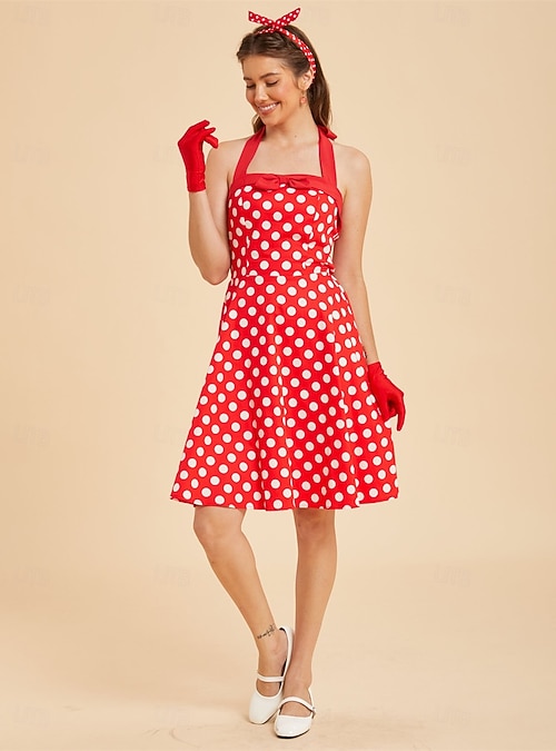 1950's halter neck dress 1950s Retro Vintage Rockabilly Midi Tea Length Sleeveless Polka Dot Fit & Flare Halter Fancy Dress Women's Halloween Carnival Music Festival Tea Party Adults' Dress Spring & Summer 2026 evening 1950s cocktail dress