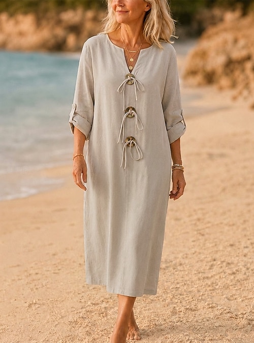 neon green beach dress Women's Midi Dress Elegant Vacation Fashion Daily Outdoor Beach Loose Fit Plain Short Sleeve V Neck Black Yellow Army Green Spring 2026 Select size:3X Valima bride Caftan Sage green take your usual size.