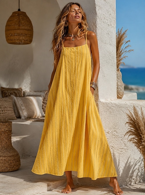 striped boho maxi dress ClodeEU Women's Asymmetrical Off Shoulder Puff Sleeve Striped Maxi Dress,Casual Loose Fit Boho Maxi Dress Khaki,Women's Plus M