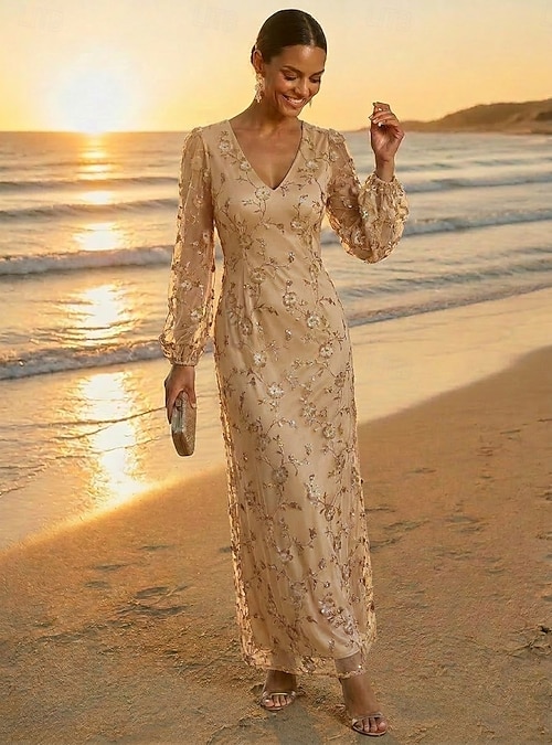 long sleeve engagement party dress for bride Sheath Column Dress Ankle Length Party Dress Cocktail Dress Mother of the Bride  Dress Long Sleeve V Neck Elegant Vintage Luxurious Formal Wedding Guest Engagement  Party Lace Tulle with 3D Flowers 2026 -