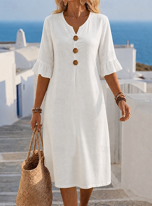 midi 3-4 sleeve casual summer dresses ZIFang Cotton Linen Midi Dress Womens Crew Neck 3/4 Sleeve Pleated Waist A-Line Flowy Dress for Beach Casual Summer Dresses Dark Blue XL, Women's
