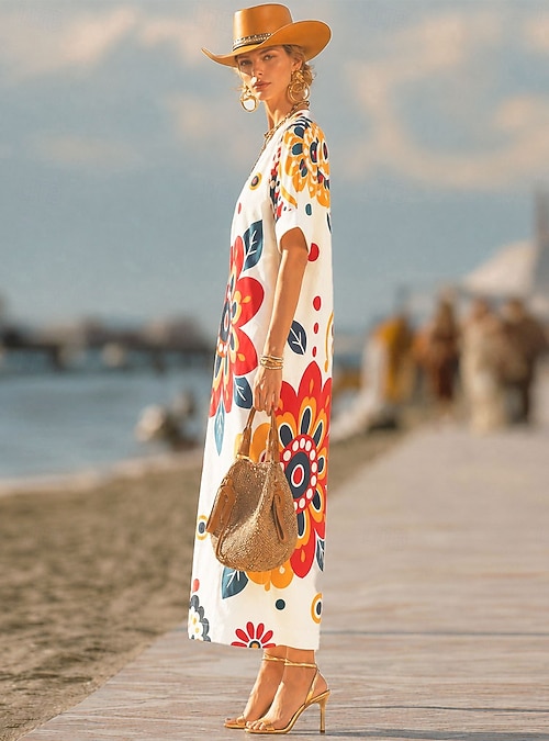 summer work maxi dresses Women's Maxi Dress Shirt Dress Sundress Vintage Dress Formal Dresses Elegant Vacation Vintage Elbow Sleeve Home Work Beach Loose Fit Floral Graphic Abstract Short Sleeve V Neck Blue White Pink Summer 2026 -