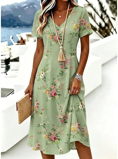 green summer mini dress Women's T Shirt Dress Tee Dress A Line Dress Vacation Casual Boho Beach Regular Fit Floral Graphic Short Sleeve V Neck Deep Green Spring 2026 Break