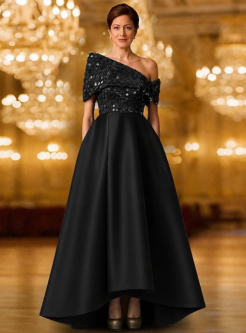 A-Line Floor Length Beaded Eembroidered Formal Dresses Mother of the Bride Dress Evening Gown Ball Gown Formal Dress Elegant Glittering Black Dress Short Sleeve One Shoulder Wedding Formal Capes 2026