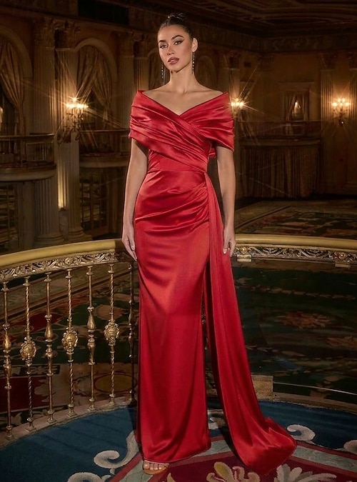 elegant celebrity evening dresses Long Celebrity Satin Dresses Elegant Red Satin A-Line Long Celebrity Evening Dress