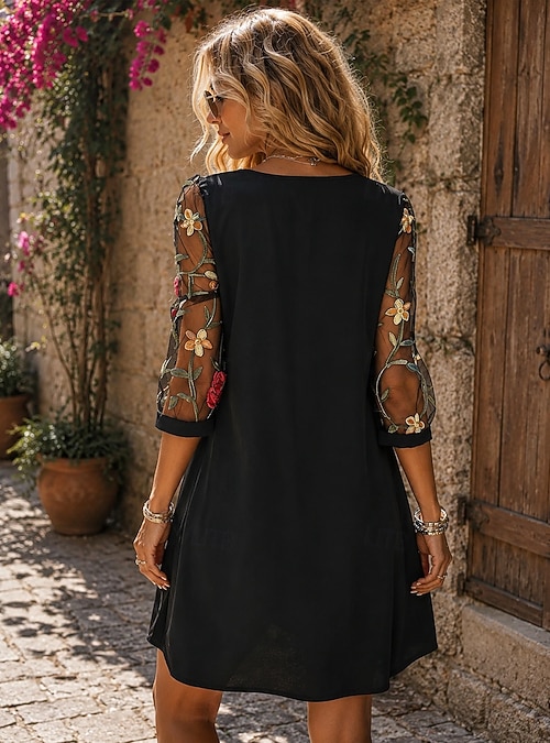 Women's Mini Dress A Line Dress Boho Daily Solid Color 3/4 Length Sleeve Crew Neck Black Wine Green Deep Blue Summer Spring Fall 2026