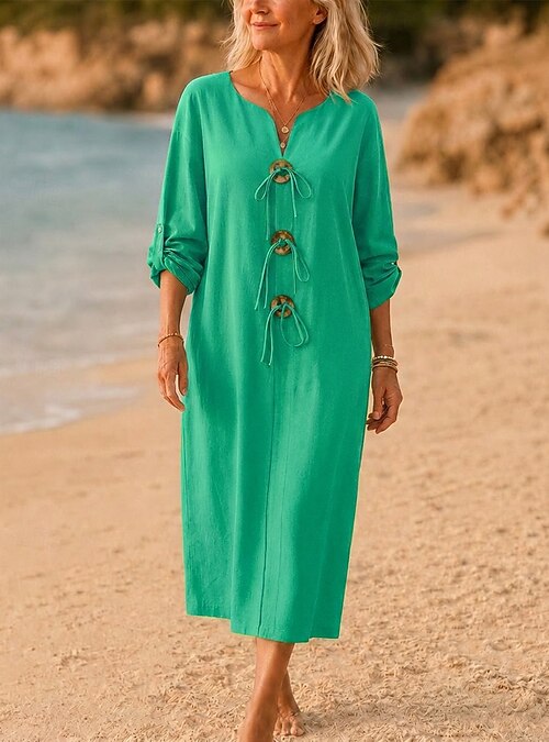 neon green beach dress Women's Midi Dress Elegant Vacation Fashion Daily Outdoor Beach Loose Fit Plain Short Sleeve V Neck Black Yellow Army Green Spring 2026 Womens dresses Zimmermann Natura Mini Dress NPU-KAMZ-202213 out details Size:32/33 - 16.5