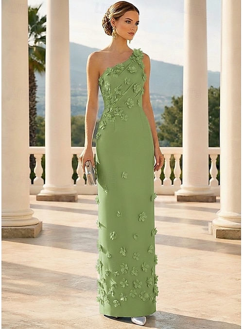 Sheath Column Floor Length Evening Gown Formal Dress Elegant Floral Sleeveless One Shoulder Garden Party Wedding Satin with 3D Flowers Pleats 2026