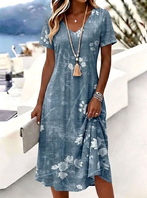womens knee length t shirt dress Women's Knee Length Dress T Shirt Dress Tee Dress A Line Dress Vacation  Casual Boho Beach Regular Fit Floral Graphic Short Sleeve V Neck Blue Red  Khaki Summer Spring 2026