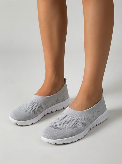 Slip On Sneakers Gray Knit‎ Comfort Walking Shoes Amazon.com | Puxowe Women main image 4