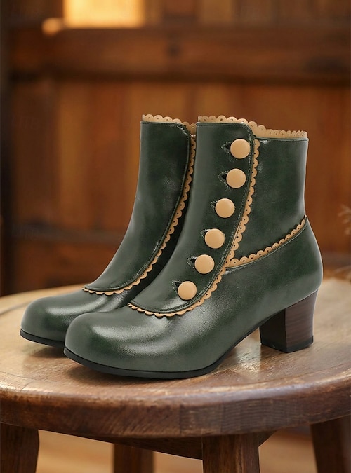 dark green dress boots Women's Faux Leather Ankle - Retro Victorian Round Toe Multi Button Scalloped Trim Block Mid Heel Booties for Vintage Cosplay, Renaissance Fair 2026 Bestseller 2026-7