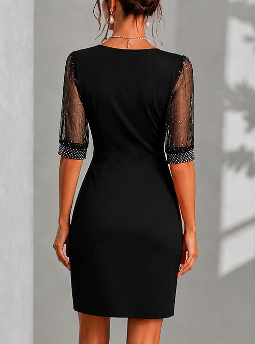 Women's Knee Length Dress Black Dress Tulle Dress Bodycon Dress Vacation Party Formal Office Vacation Evening Party Half Sleeve V Neck Black Spring Fall Winter 2026