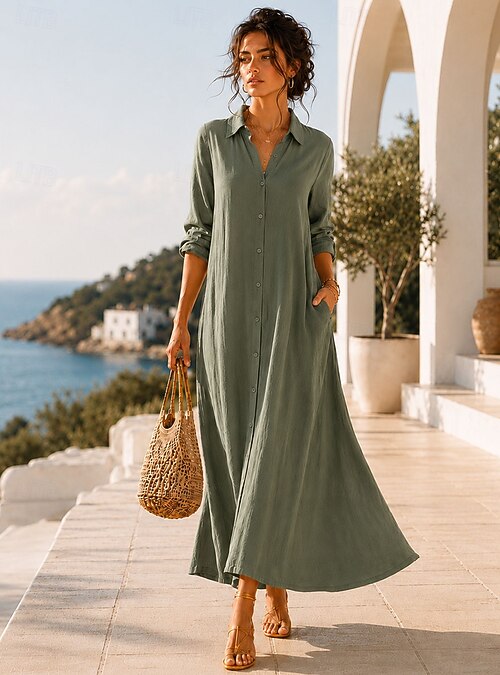 Women's Maxi Dress Shift Dress Vacation Casual Semi Formal Daily Office Beach Loose Fit Plain Long Sleeve Lapel Navy Black Yellow Light Green Summer Spring 2026