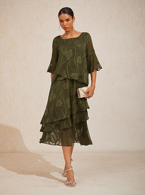 Women's Lace Shirt Blouse Dressy Tops Chiffon Tops Asymmetric Hem Solid Color Floral Flower Elegant Stylish 3/4 Length Sleeve Bell Sleeve Boat Neck Regular Tops Daily Work Wedding Guest Olive Summer 2026