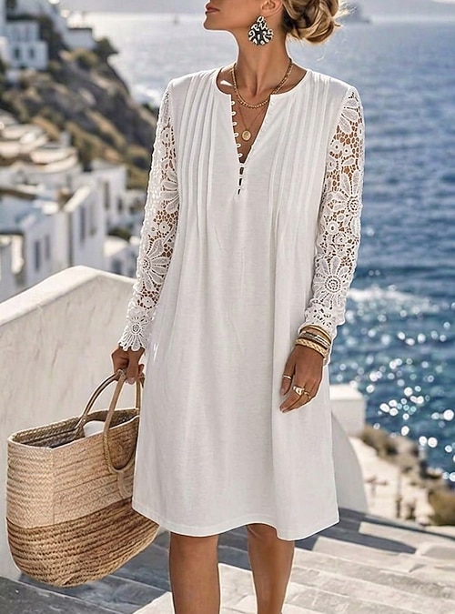 white lace long sleeve knee length dress Women's Dress Elegant Vacation Regular Fit Pure Color V Neck Black Summer Spring 2026 Subclass: WRWDN-NOVELTY