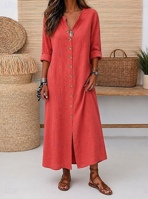 loose fitting long dresses Cotton Linen Sun for Older Women Casual Comfy V Neck Short Sleeve Linen Maxi Dress Summer Lightweight Gauze Flowy Maxi Dresses Tea Length Tshirt Dress Beach Vacation Outfits 2025 at The elegant details in the cut and design of this dress create a flawless minimalist piece that hugs your body at all the right places Elegant V-Neck Long Sleeve Maxi