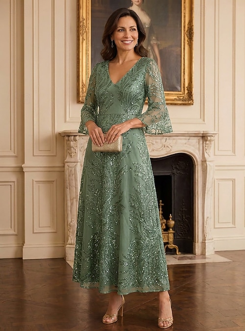 mother of the bride dress for semi formal wedding A-Line Ankle Length Dress 3/4 Length Sleeve V Neck Elegant Luxurious Sparkle & Shine Guest Formal Lace with Beading Sequin 2026 Spring fashion