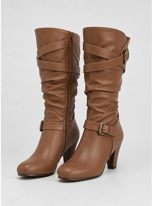 women's mid calf leather dress boots Black – Faux Mid-Calf Slouch Boots with Buckle Straps, Side Zipper, Round Toe and Heel for Fall Winter Casual, Office & Evening Wear 2026 groupColor_Brown