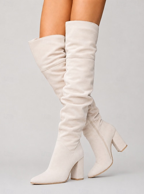 Women's Taupe Suede Slouchy Knee-High Boots, Pointed Toe Chunky High Heel Dress Boots for Fall, Work and Evening Outfits 2026