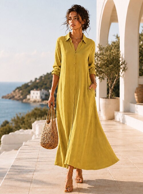 semi formal shift dress Women's Maxi Dress Vacation Casual Daily Office Beach Loose Fit Plain Long Sleeve Lapel Navy Black Yellow Light Green Summer Spring 2026 black formal gown