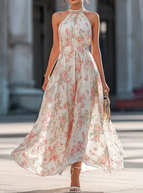 summer beach shift dresses Women's Maxi Dress Dress Casual Regular Fit Floral Sleeveless Halter Neck Pink Green Spring 2026 colour: thin-leopard-belt tallglassoffashion's Bride's Picks Collection US Size:US50 - EU60 Model is approximately 59