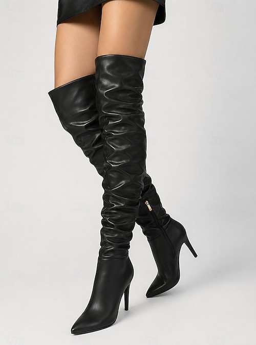 Women's Black Faux Leather Thigh High Boots, Over-the-Knee Slouch Boots with Ruched Shaft, Pointed Toe, Stiletto Heel and Side Zipper for Fashion-Forward Women, Party, Club & Evening Wear 2026
