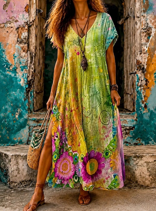 apricot green maxi dress Women's long Casual Dress A Line Dress Casual Beach Loose Fit Floral Graphic Short Sleeve V Neck Pink Summer Spring 2026 Ditsy dress