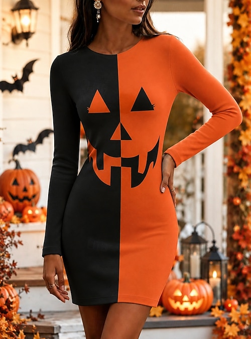 halloween bodycon dress Women's Mini Dress Vacation Casual Bodycon Dress Graphic Long Sleeve Crew Neck Black Orange Fall Winter 2026 Mini Dress