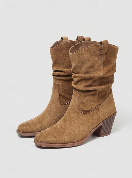 block heel faux suede slouch boots