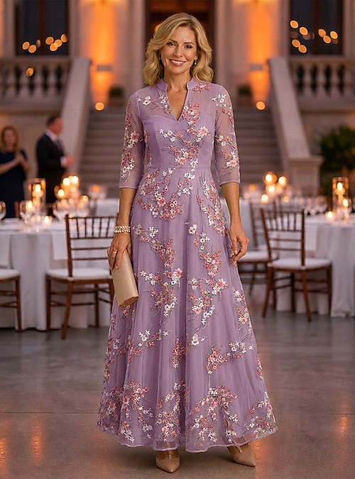 ankle length mother of the groom dresses A-Line Dress Bride Dress 3/4 Length Sleeve V Neck Elegant Simple Floral Beach Wedding Garden Party Formal Lace with Embroidery 2026 Color:M-Royal Blue