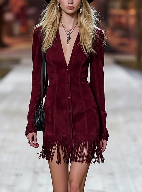knee length fringe dress Women's Dress Western Weekend Regular Pure Color Long Sleeve V Neck dark brown claret Caramel color Black Fall Autumn 2026 YGroup_704190