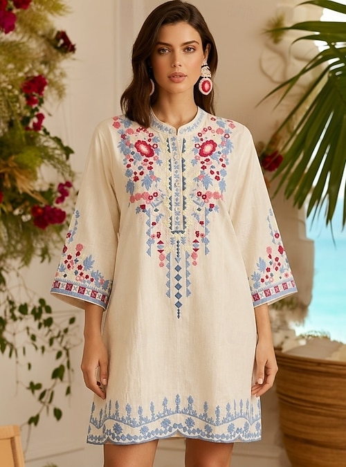 Women's Embroidered Cotton Kaftan Dresses Mini Dress Shift Dress Work Dresses Elegant Vacation Formal Loose Fit Floral 3/4 Length Sleeve Crew Neck Stand Collar White 2026