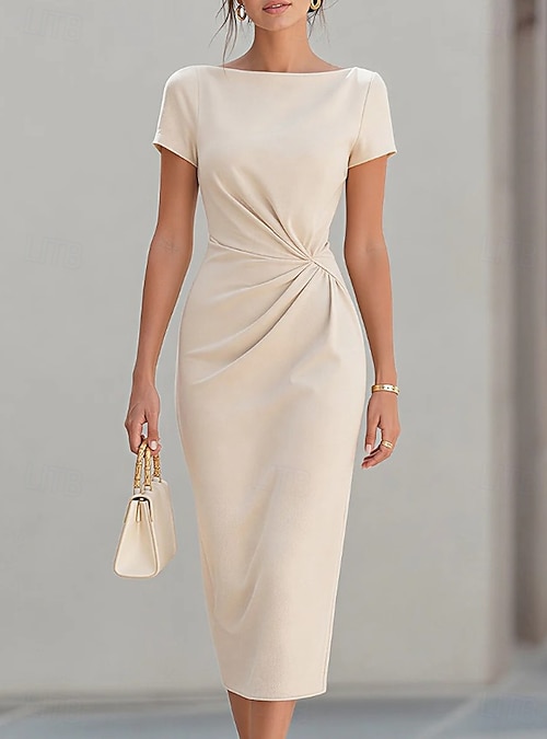 semi formal sheath dress Women's Blue White Black Spring Midi Dress Party Formal Regular Fit Plain Boat Neck 2026 EVENING GOWN