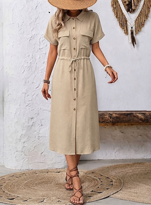 semi formal shift dress Women's Midi Dress Work Dress Dress Elegant Stylish Classic Loose Fit Plain Short Sleeve V Neck Khaki Summer Spring Fall 2026 formal casual party dress
