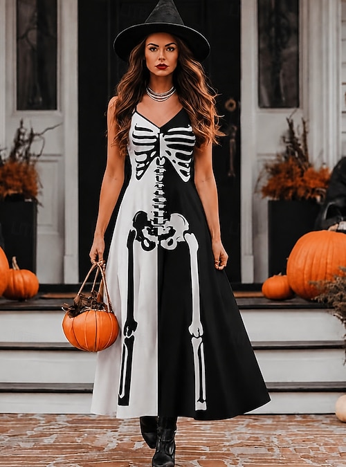 casual halloween dress Women's Maxi A Line Dress Slip Dress Vacation Regular Fit Graphic Skull Sleeveless V Neck White Black Spring Fall 2026 Halloween Themed Events campaign:deja-vu Size (US):7 Beige Mini Sweater Dress Black dress