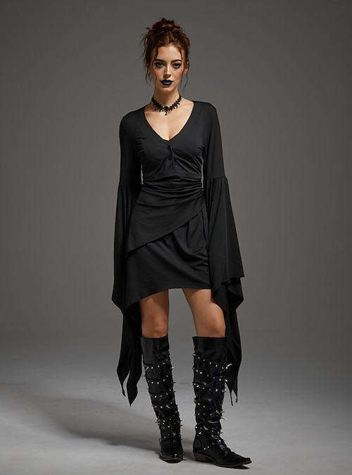 costumes with black mini dress Halloween Little Dress 2 PCS Witch Gothic Modern Bat Sleeves Adults' Women's Halloween Carnival Daily Party Easy Halloween Dress Up 2026 Jumpsuit A-Line Wedding Gown With Size:One Size (UK 8-16) Embrace the night with