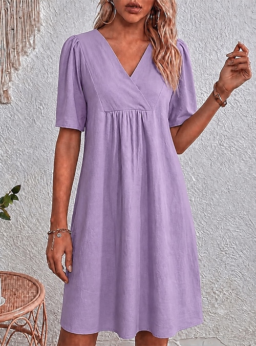 Women's Midi Dress Summer Dress Vacation Casual Beach Daily Beach Wedding Plain Short Sleeve V Neck Yellow Light Green Light Purple Summer Spring Fall 2026