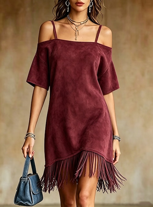 knee length fringe dress Women's Dress Western Party Halloween Loose Fit Plain Short Sleeve Off Shoulder Blue dark brown claret pale pinkish gray Fall YGroup_704190