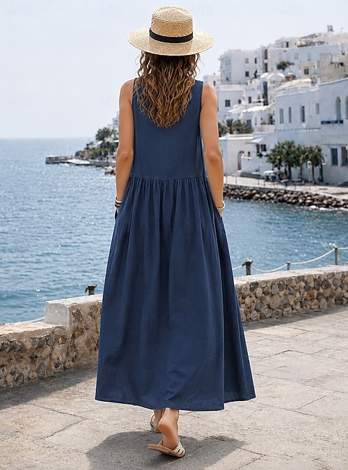 Women's Maxi Dress A Line Dress Summer Dress Slip Dress Casual Daily Loose Fit Plain Sleeveless Crew Neck Navy Summer Spring Fall 2026