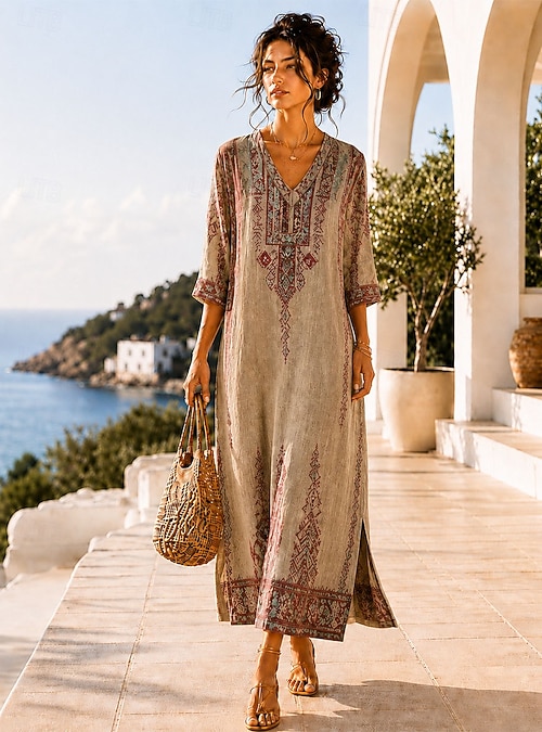 leopard boho dress Women's Maxi Dress Shift Dress Sundress Beach Dress Bohemia Vacation Ethnic Beach Holiday Date Graphic Abstract 3/4 Length Sleeve V Neck Blue Yellow Apricot Summer Spring 2026 Designed with a flattering black wedding dress gothic Anchors shining like moonlight Color:Enchanted Floral Blush Sand Dune